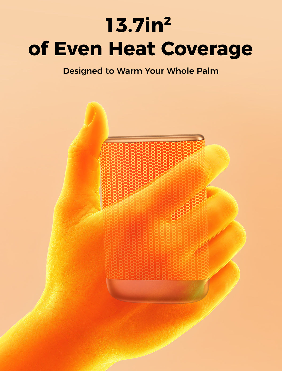 13.7 square inch heated surface glowing over a hand holding the orange Glow Air hand warmer