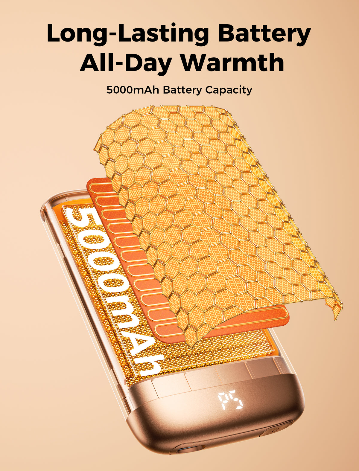 Exploded view of the orange Glow Air hand warmer showing its 5000mAh heating and battery layers