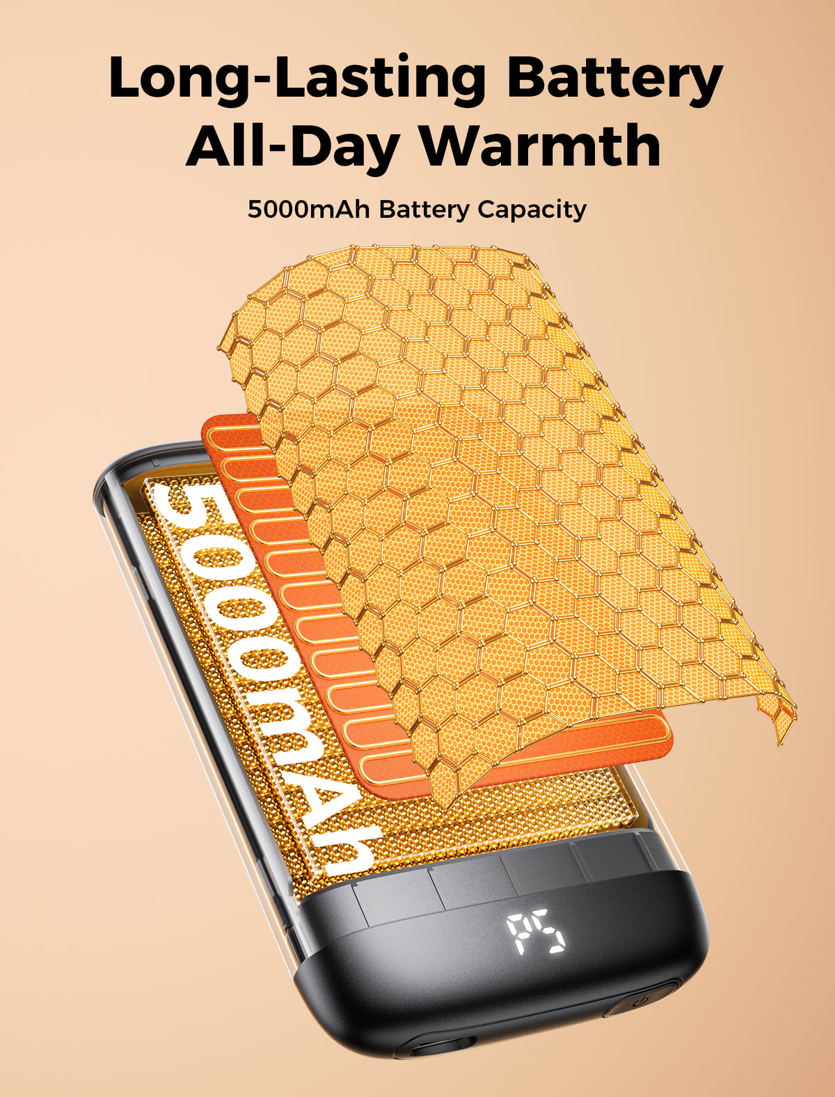 Exploded view of the gray Glow Air hand warmer showing its 5000mAh heating and battery layers