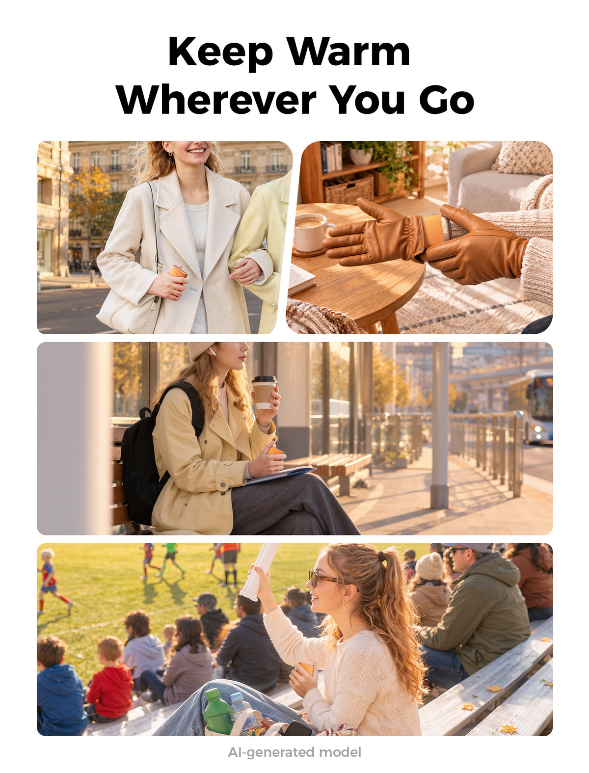 Four scene collage of the orange Glow Air hand warmer used while walking, in gloves, at a cafe and at a ball game