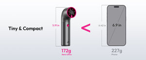Aecooly Aero Ultra handheld fan measures 5.91 inches in height and weighs 172g, making it smaller and lighter than an iPhone (6.42 inches, 227g).