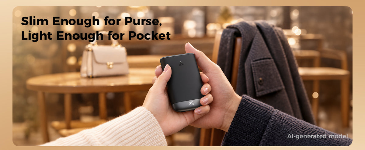 Two hands passing the gray Glow Air hand warmer in a cafe, slim enough for a purse and light enough for a pocket