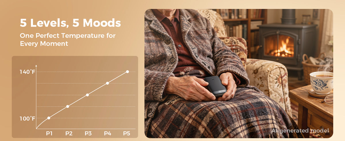 5 heat levels P1 to P5 rising from 100°F to 140°F, shown with the hand warmer in a cozy armchair by a fireplace
