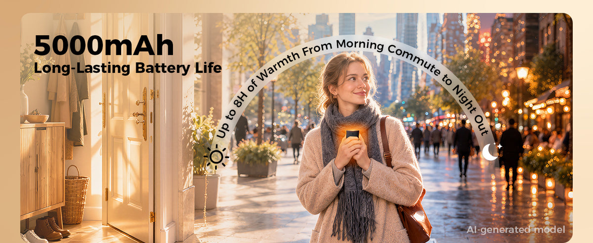 Woman holding the orange Glow Air hand warmer on a city street from morning commute to night out, up to 8 hours of warmth