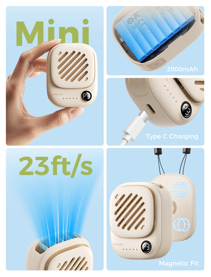 Aecooly Click01 Mini Portable Neck Fan feature highlights - Mini size, 2000mAh battery, Type-C charging, 23ft/s strong wind speed and Magnetic Fit design
