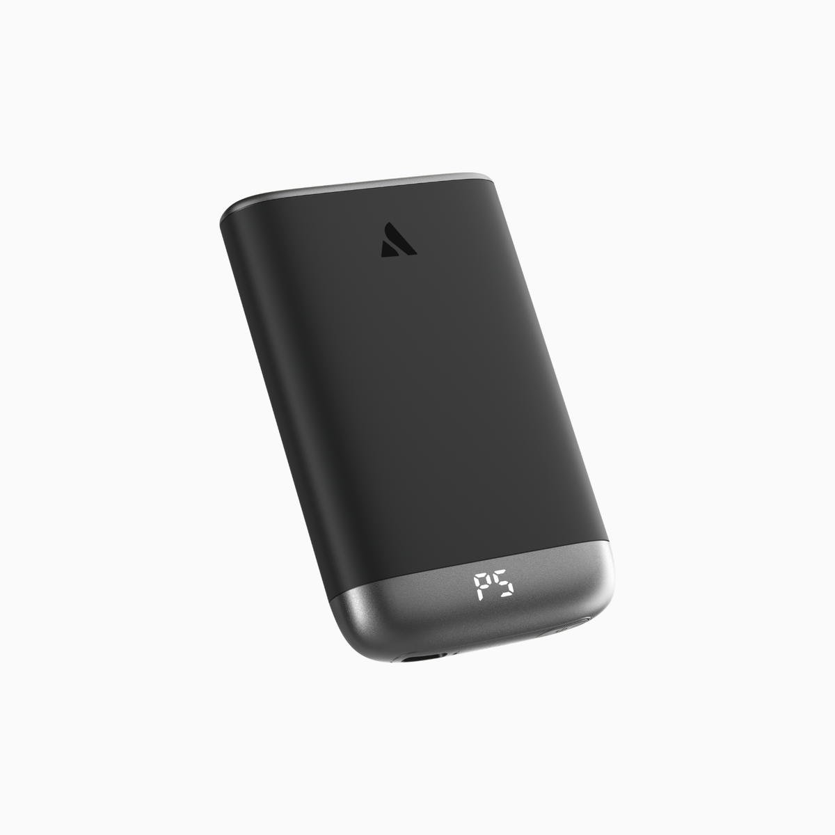 Aecooly Glow Air magnetic hand warmer in gray, front view showing power button and P5 digital display
