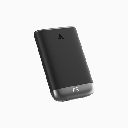 Aecooly Glow Air magnetic hand warmer in gray, front view showing power button and P5 digital display
