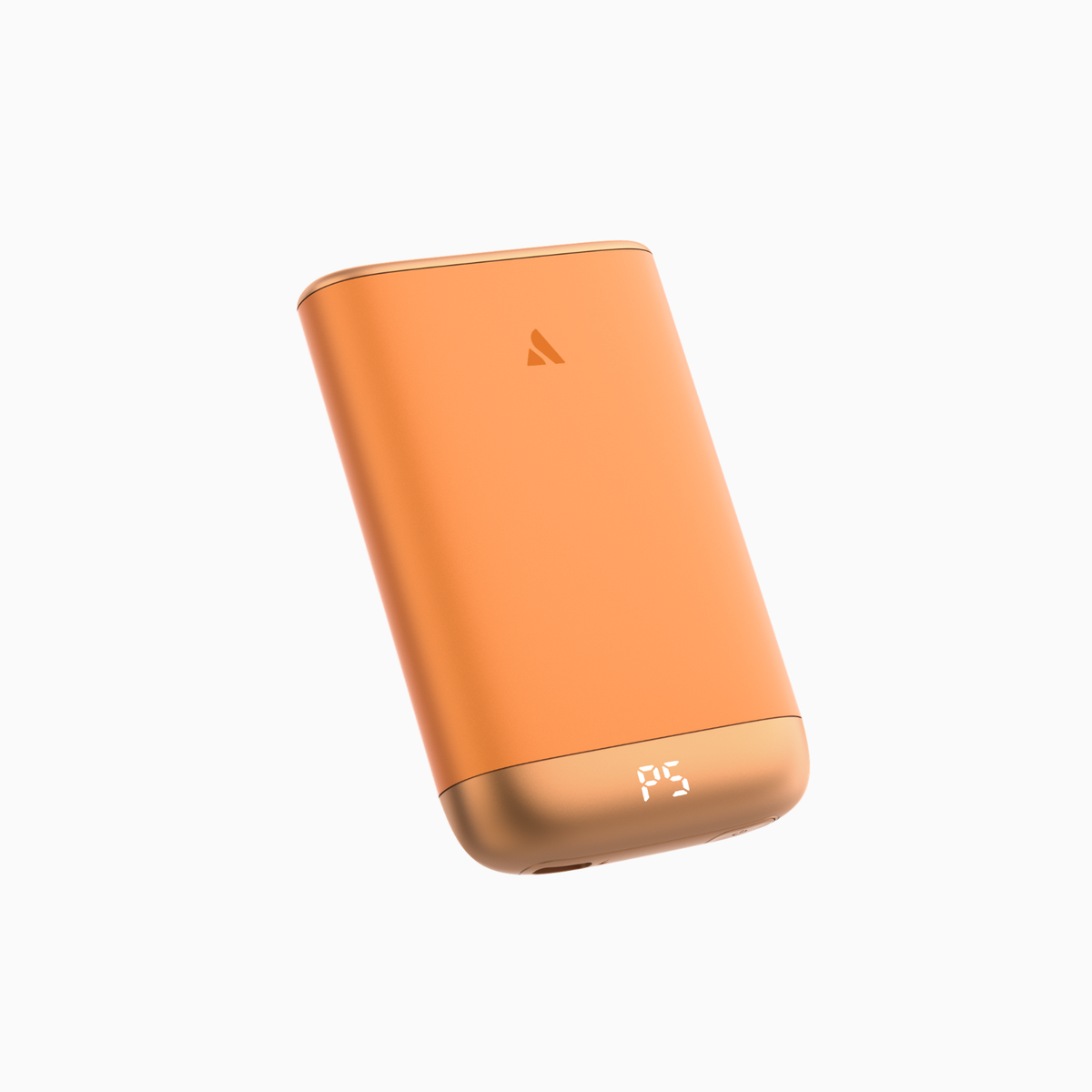 Aecooly Glow Air magnetic hand warmer in orange, front view showing power button and P5 display

