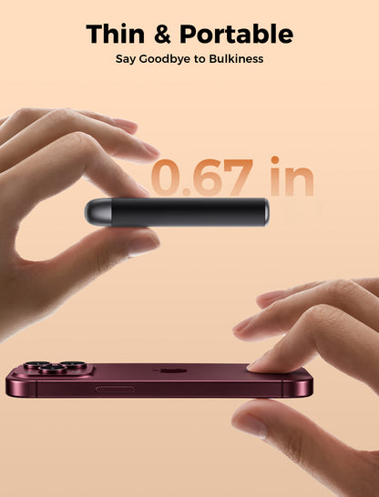 Gray Glow Air hand warmer shown at 0.67 inch side profile next to a smartphone
