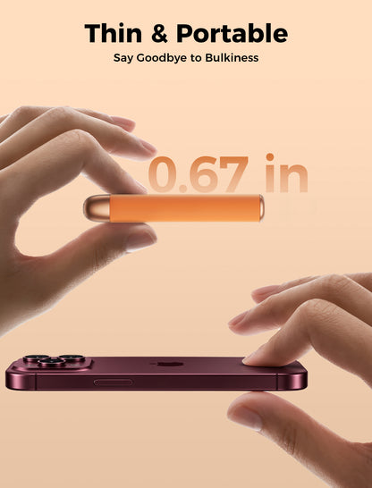 Orange Glow Air hand warmer shown at 0.67 inch side profile next to a smartphone
