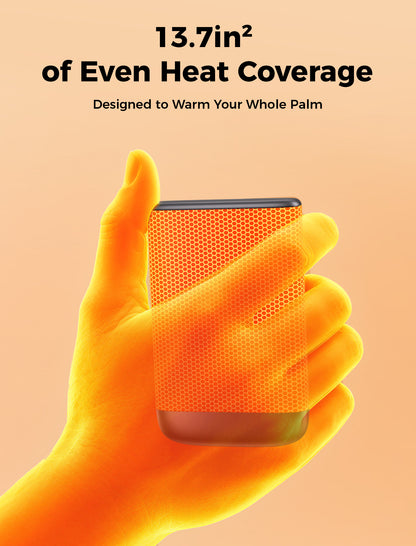 13.7 square inch heated surface glowing over a hand holding the gray Glow Air hand warmer

