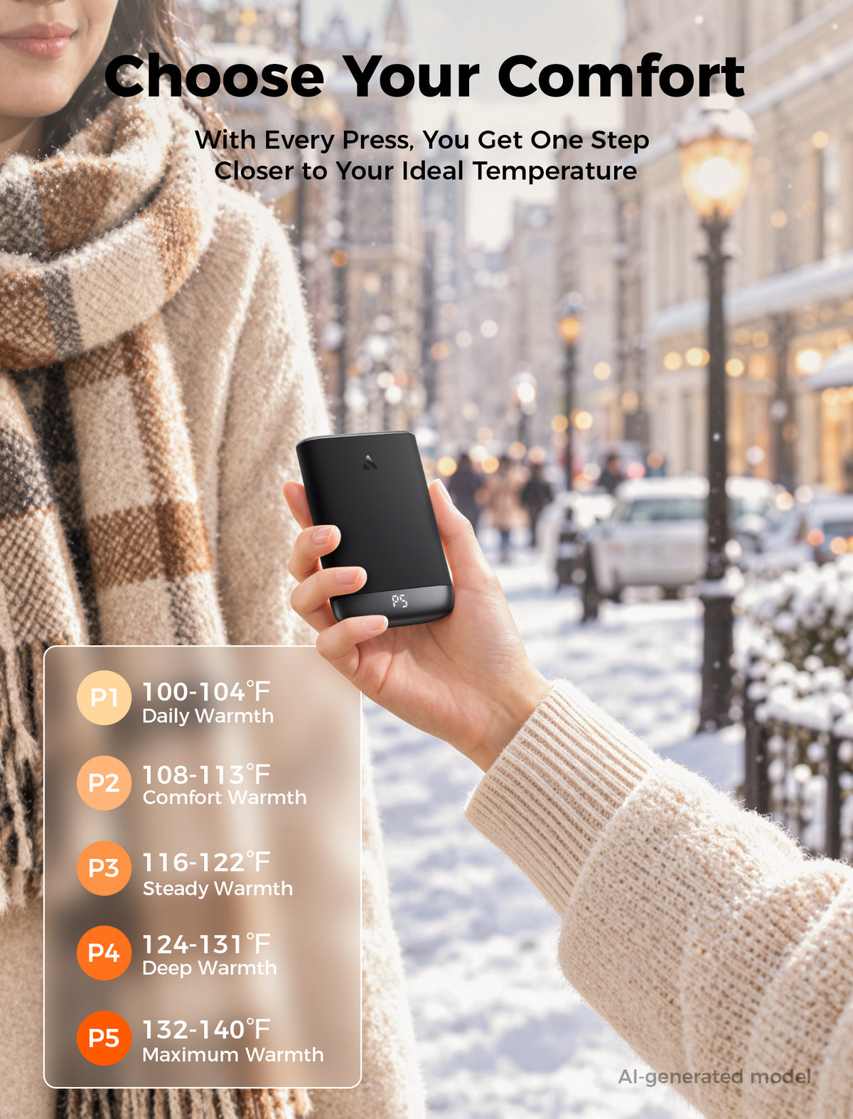 Hand holding the gray Glow Air hand warmer on a snowy street, with P1 to P5 heat range 100–140°F
