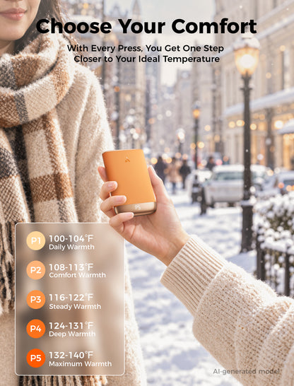 Hand holding the orange Glow Air hand warmer on a snowy street, with P1 to P5 heat range 100–140°F
