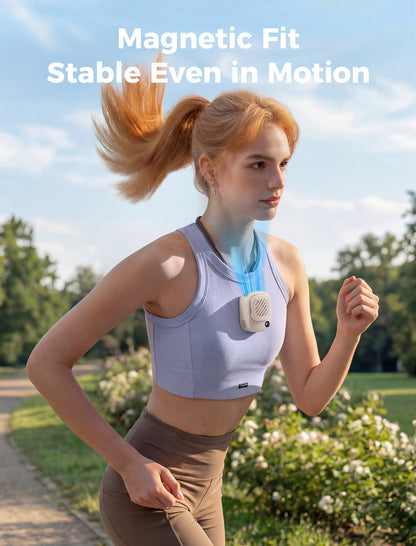 Aecooly Click01 Magnetic Neck Fan securely attached to clothing while running, demonstrating Magnetic Fit stability even in motion with strong airflow - Hands-free cooling
