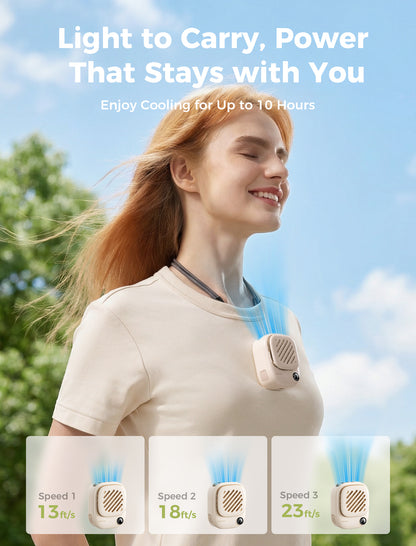 Mini Portable Neck Fan by Aecooly - Ultra Lightweight Personal Cooling Fan with 3 Wind Speeds (13-23 ft/s) and 10 Hours Battery. Woman with red hair enjoying hands-free cooling outdoors
