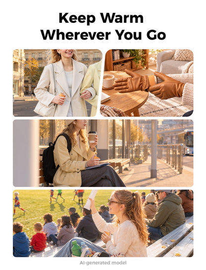 Four scene collage of the orange Glow Air hand warmer used while walking, in gloves, at a cafe and at a ball game
