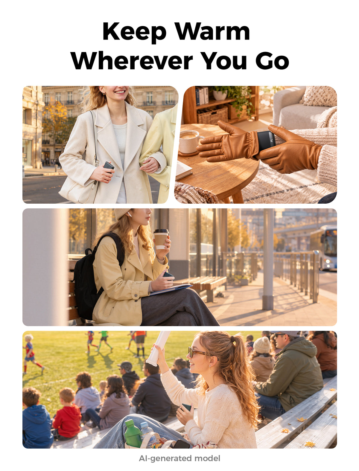Four scene collage of the gray Glow Air hand warmer used while walking, in gloves, at a cafe and at a ball game
