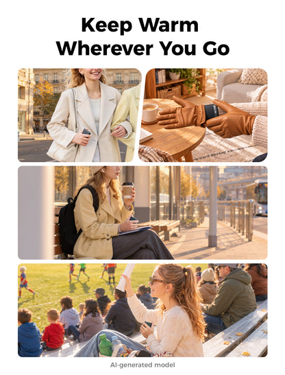 Four scene collage of the gray Glow Air hand warmer used while walking, in gloves, at a cafe and at a ball game
