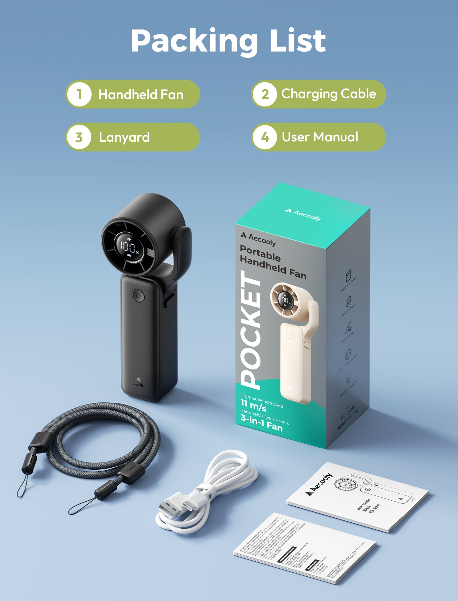 Trọn bộ sản phẩm Quạt Cầm Tay AECOOLY AirGimbal Pro PF04s chính hãng