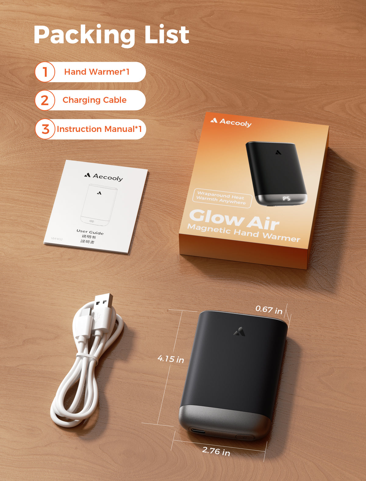 Packing list of the gray Glow Air hand warmer: unit, USB charging cable and user guide, measuring 4.15 x 2.76 x 0.67 in

