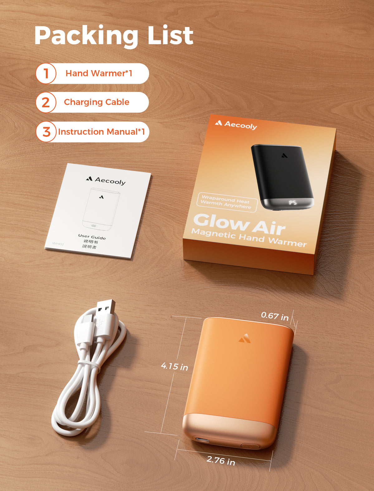 Packing list of the orange Glow Air hand warmer: unit, USB charging cable and user guide, measuring 4.15 x 2.76 x 0.67 in
