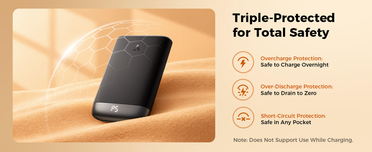 Triple protection features of the Glow Air hand warmer: overcharge, over-discharge and short-circuit protection